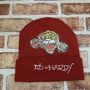 Ed Hardy Maroon Beanie with Tiger Design